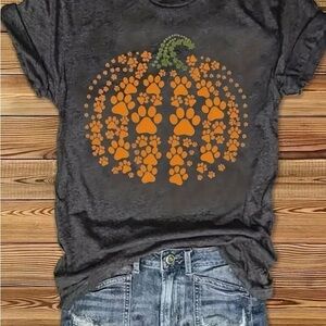 Gray T-Shirt with Orange Paw Print Pumpkin Design